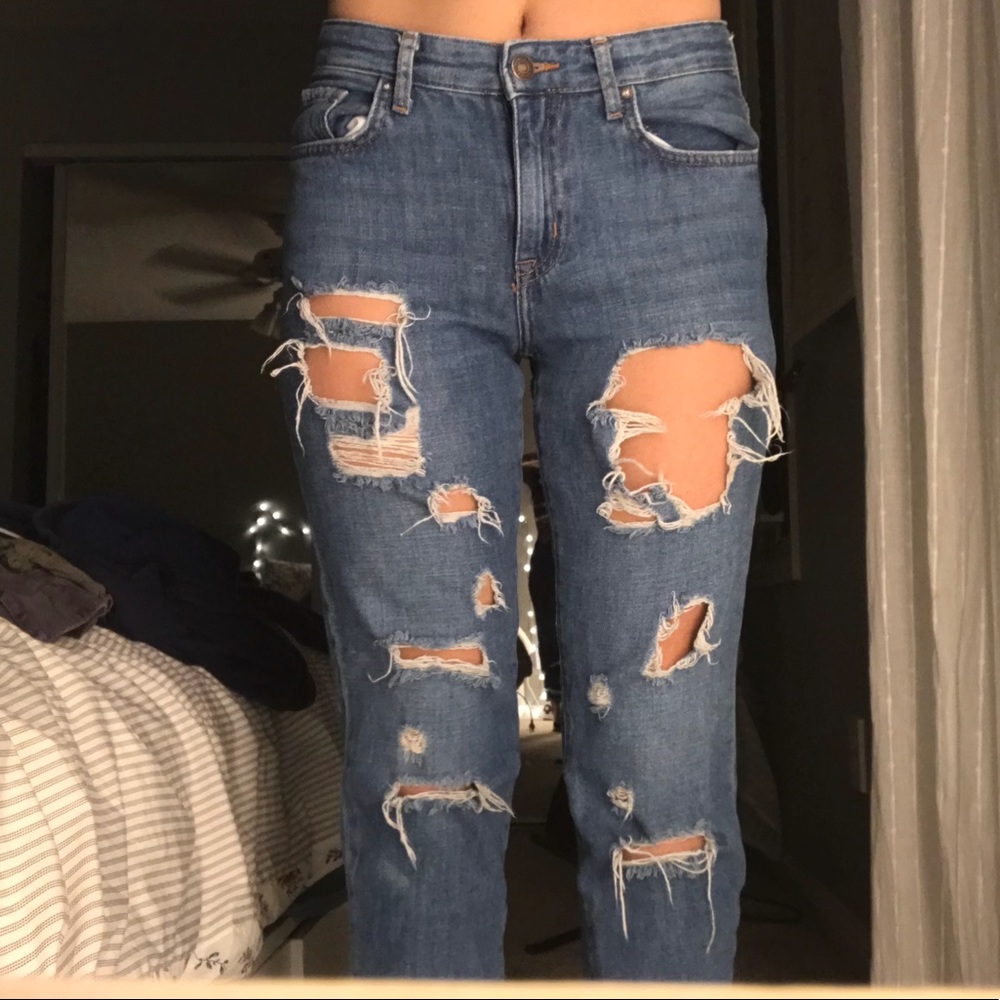 Distressed boyfriend/mom style dark wash jeans